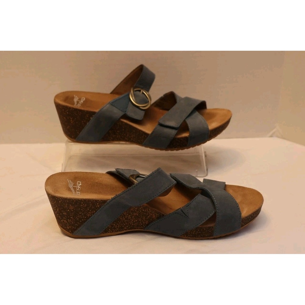 Dansko Wedge Sandals EUC Blue Suede Strappy Adjustable Buckle Cork Sole SZ 41 - Picture 7 of 7